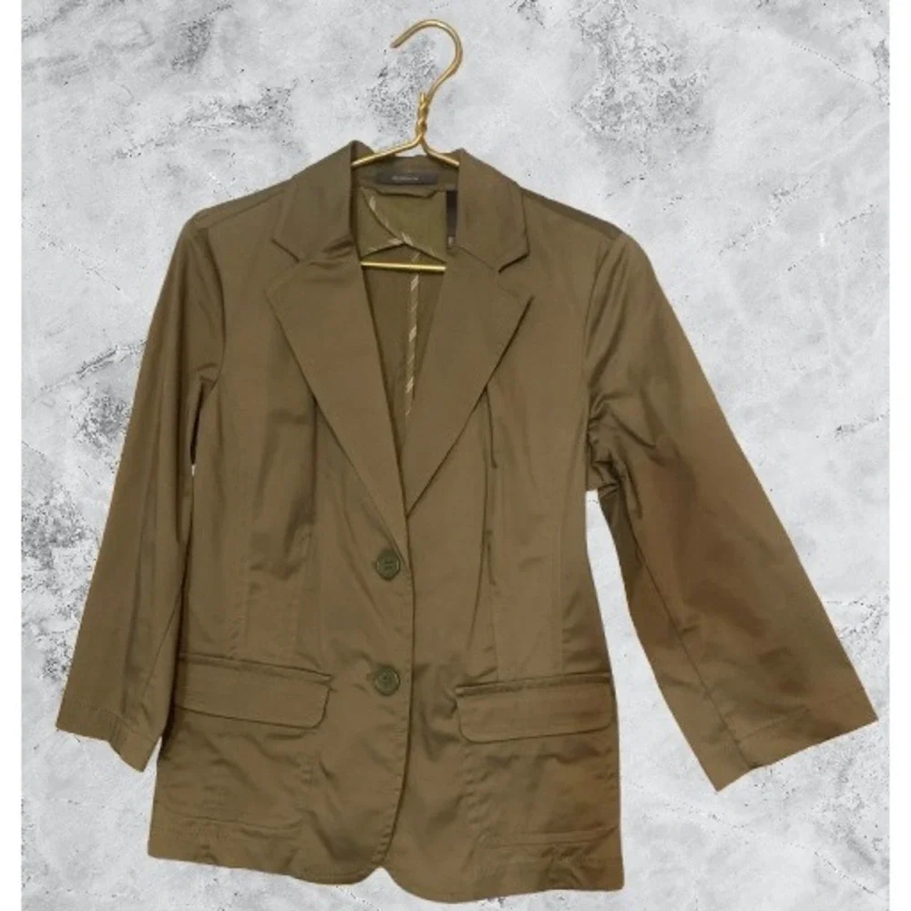 Liz Claiborne Womens Olive Green Cotton Stretch 2 Button 3/4 Sleeve Blazer 14 - Picture 2 of 7